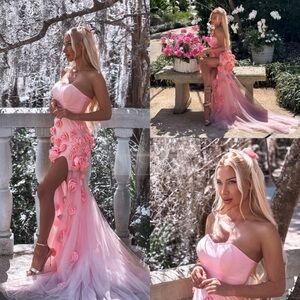 Strapless Pink Floral Appliqué Prom Dress